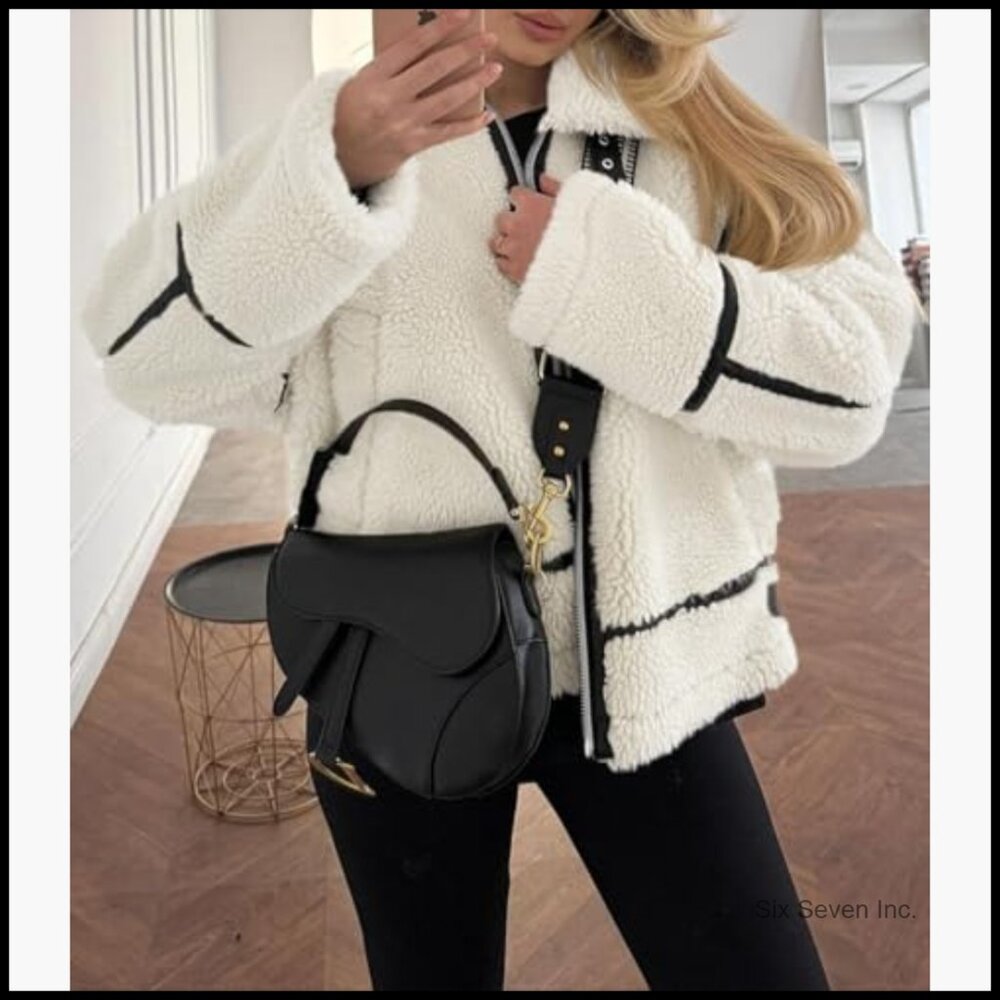 Faux Fur Jacket with Leather Patchwork Zip Up Coat - image 3